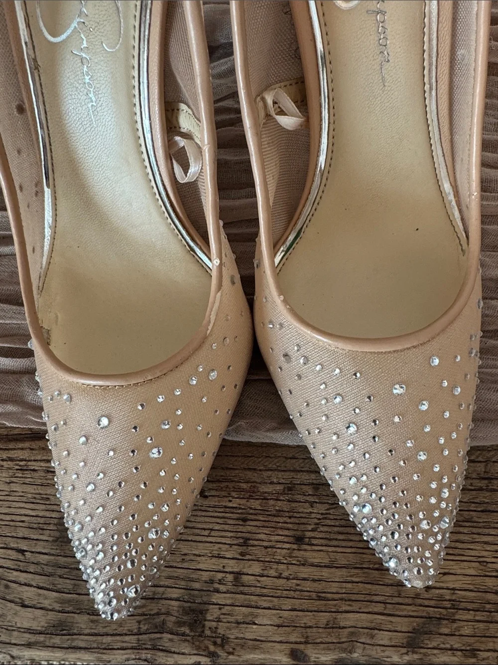 Jessica Simpson Beige Crystal-Studded Pointed Toe Pumps. Nude Mesh